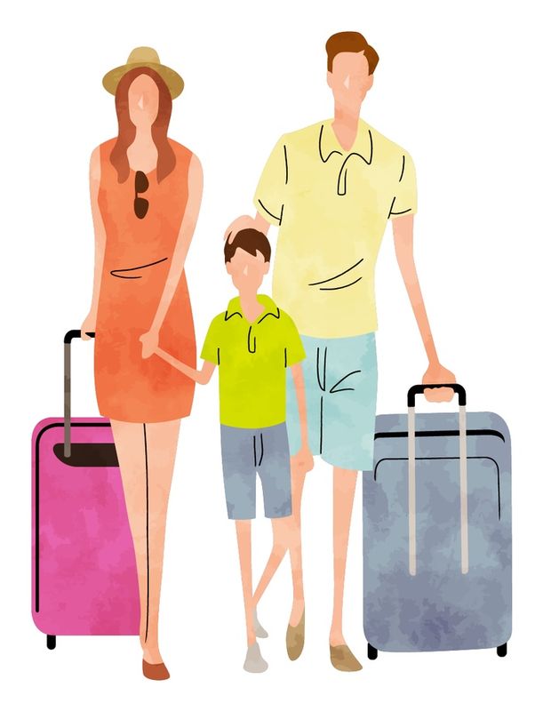 スーツケースを引いて旅行する家族のイラスト